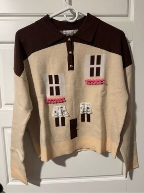 NWT Kaily K “House” Sweater with Embellishments, Cream/Brown, Size Large